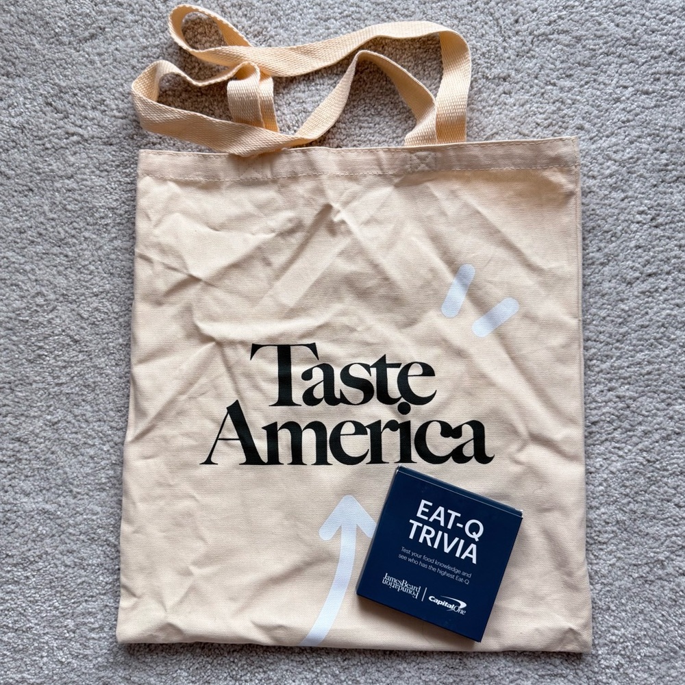 James Beard Taste America tote bag and Eat-Q trivia game